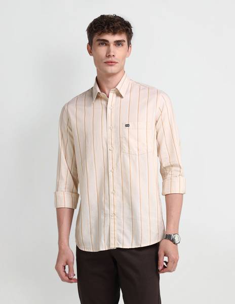 Arrow Sport Men Striped Casual Beige Shirt