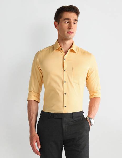 ARROW Men Solid Formal Yellow Shirt