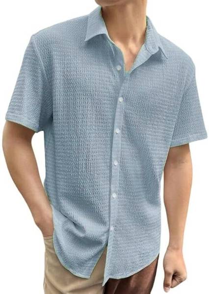 COMBRAIDED Men Self Design Casual Blue Shirt