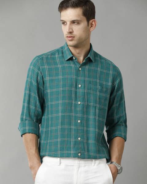 Linen Club Men Checkered Casual Green Shirt