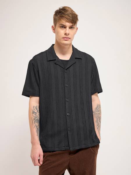 THE BEAR HOUSE Men Self Design Casual Black Shirt