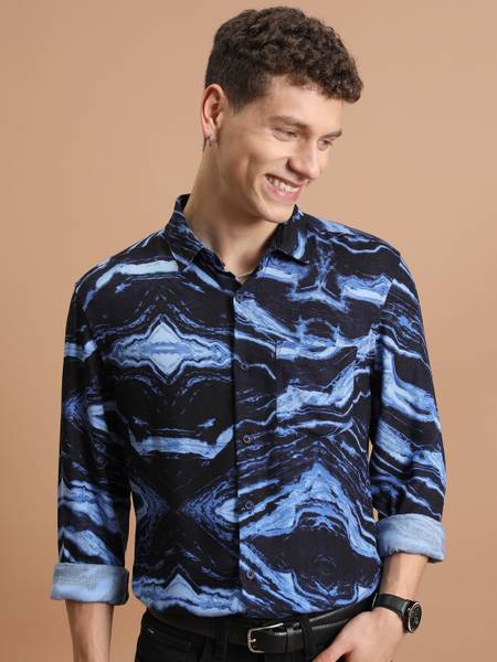 HIGHLANDER Men Printed Casual Blue, Dark Blue Shirt