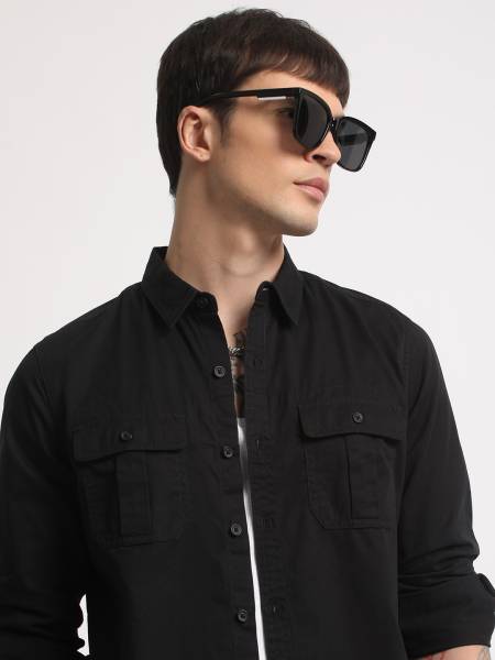 THE BEAR HOUSE Men Solid Casual Black Shirt