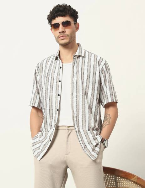 WOXEN Men Striped Casual Brown, White Shirt