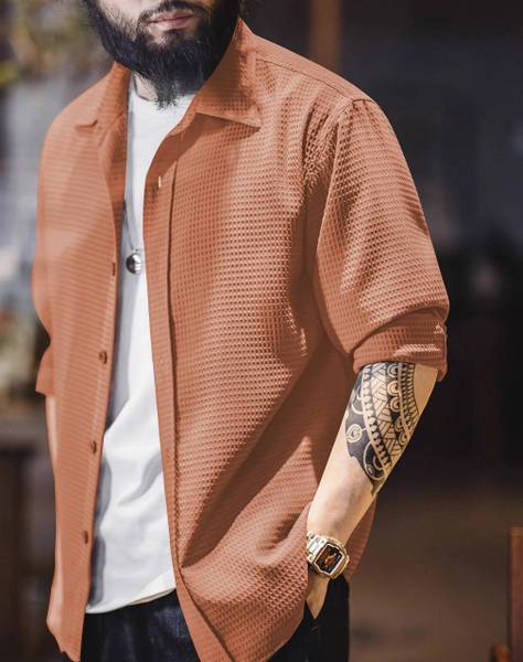 BUSCOT Men Self Design Casual Orange Shirt