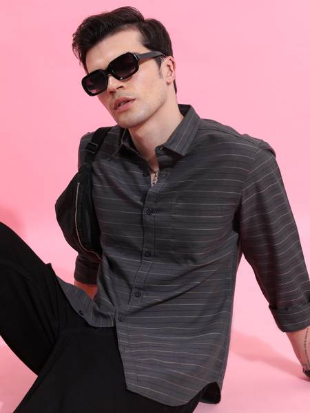KETCH Men Striped Formal Grey Shirt