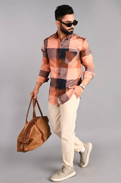 Tanip Men Checkered Casual Orange Shirt