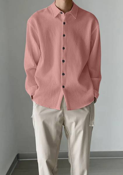 Ubi Sunt Men Self Design Casual Pink Shirt