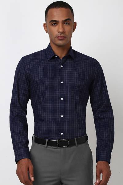 PETER ENGLAND Men Checkered Formal Blue Shirt