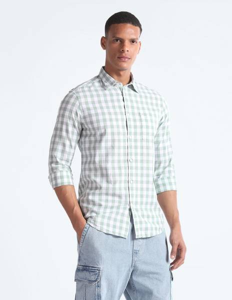 FLYING MACHINE Men Checkered Casual Green Shirt