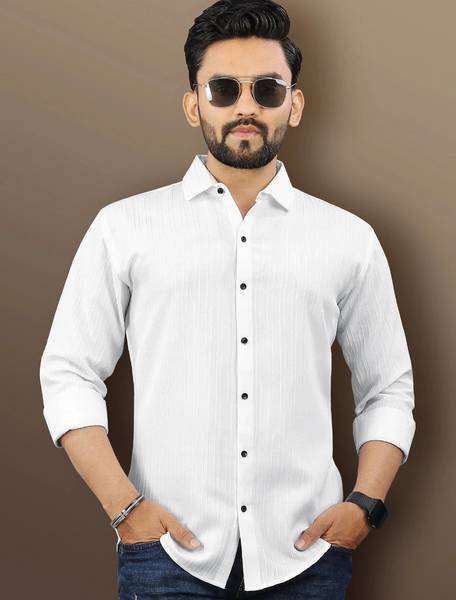 LAXBON Men Self Design Casual White Shirt