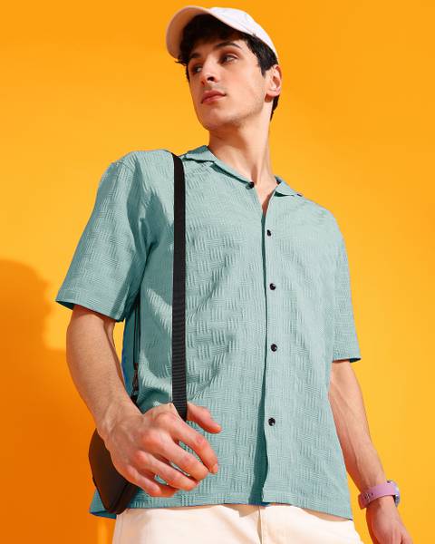 INDICLUB Men Self Design Casual Light Green Shirt