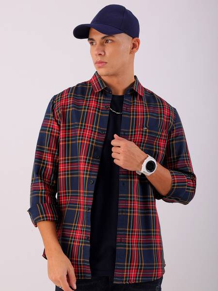 The Indian Garage Co. Men Checkered Casual Dark Blue Shirt