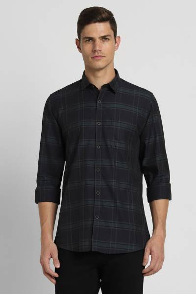 PETER ENGLAND Men Checkered Casual Dark Blue Shirt