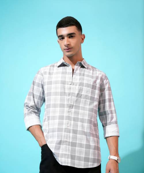 HIGHLANDER Men Checkered Formal Grey, White Shirt