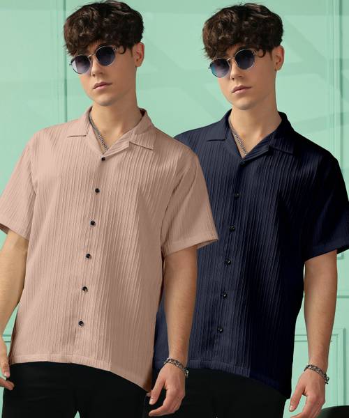 FOXTER Men Self Design Casual Blue, Khaki Shirt