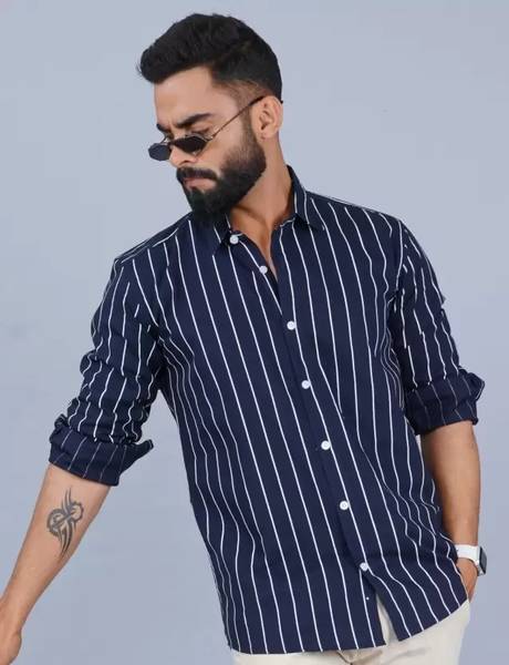 RODEIZ Men Striped Casual Dark Blue Shirt
