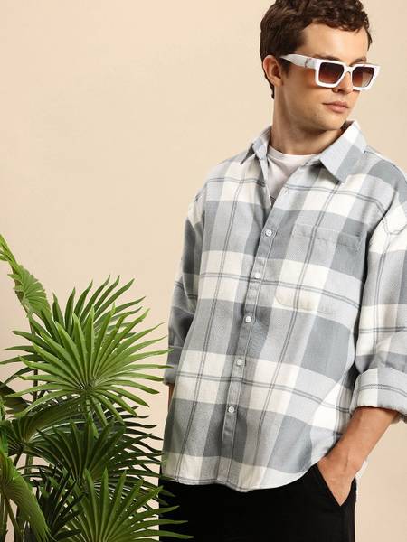 Mast & Harbour Men Checkered Casual Grey Shirt