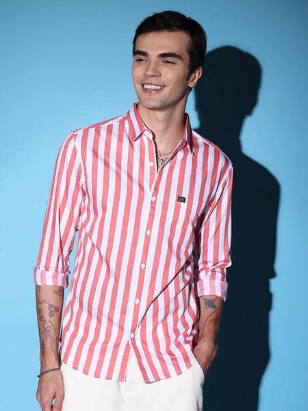 The Indian Garage Co. Men Striped Casual Pink Shirt