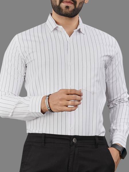 MILDIN Men Striped Formal White Shirt