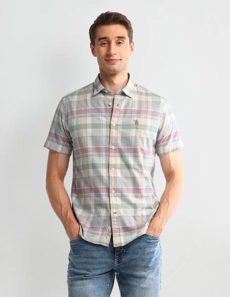 U.S. POLO ASSN. Men Checkered Casual Grey Shirt