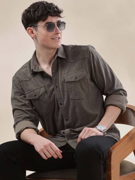 HERE&NOW Men Self Design Casual Green Shirt