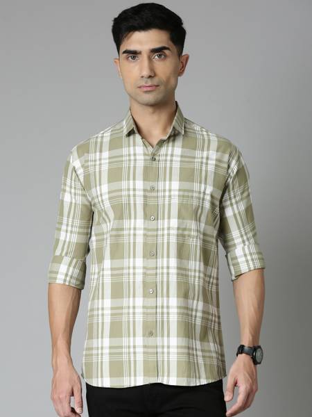 METRONAUT Men Checkered Casual Green, White Shirt