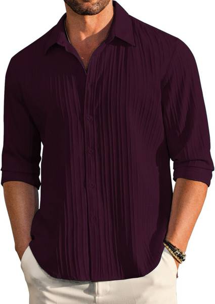 VELLOSTA Men Self Design Casual Maroon Shirt