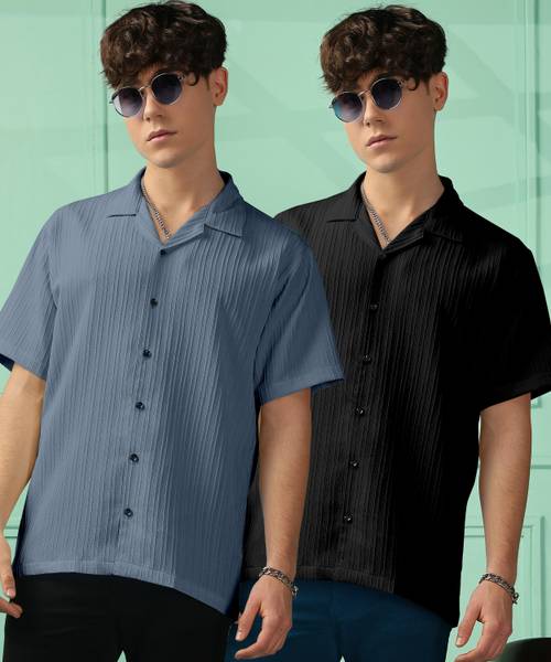 FOXTER Men Self Design Casual Black, Multicolor Shirt