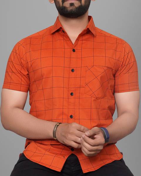 METRONAUT Men Checkered Casual Orange Shirt