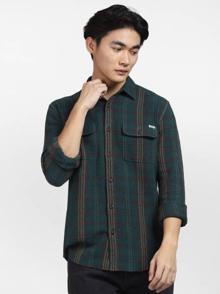 JACK & JONES Men Checkered Casual Green Shirt