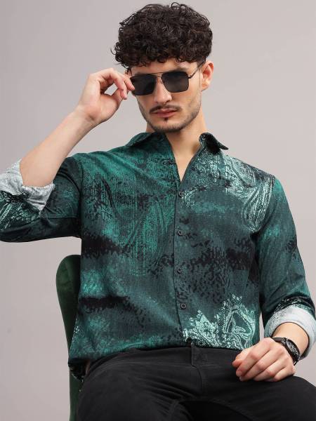 HERE&NOW Men Printed Casual Green Shirt