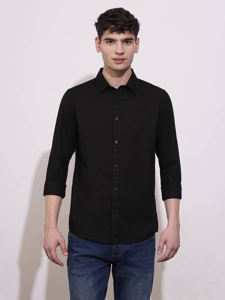 BEING HUMAN Men Solid Casual Black Shirt