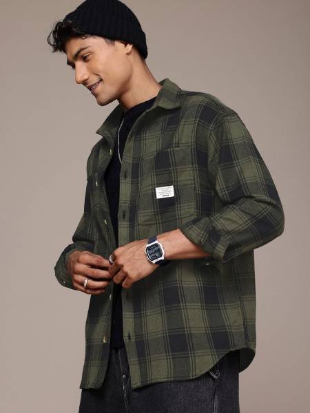 WROGN Men Checkered Casual Green Shirt