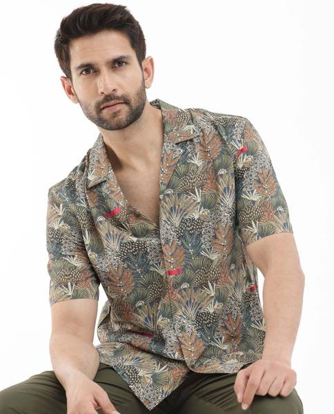 RARE RABBIT Men Printed Casual Dark Green Shirt
