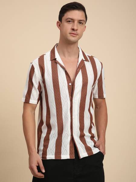 Voroxy Men Striped Casual Brown Shirt
