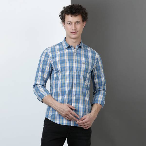 IndoCotton Men Checkered Casual Blue, White Shirt