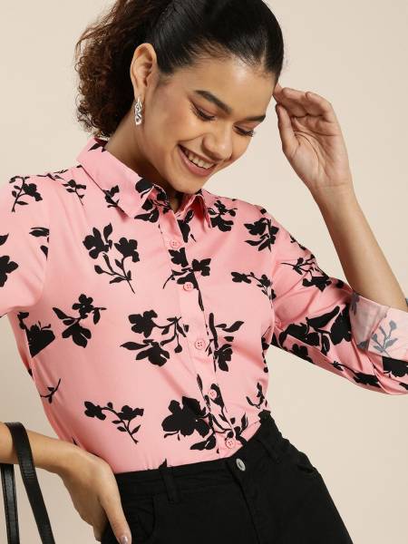 encore by INVICTUS Women Printed Casual Pink, Black Shirt