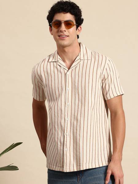 Mast & Harbour Men Striped Casual Beige Shirt