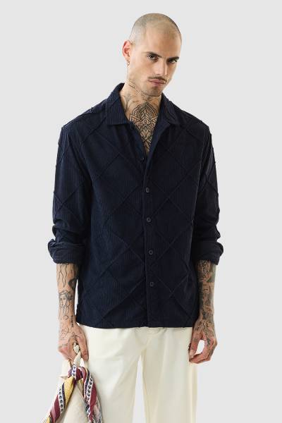 Snitch Men Self Design Casual Dark Blue Shirt