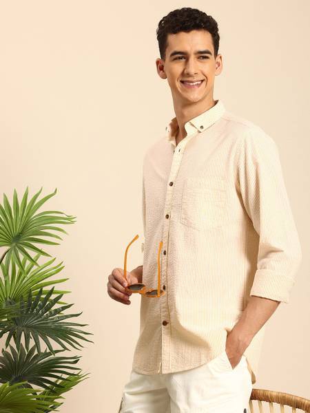 Mast & Harbour Men Striped Casual Yellow Shirt