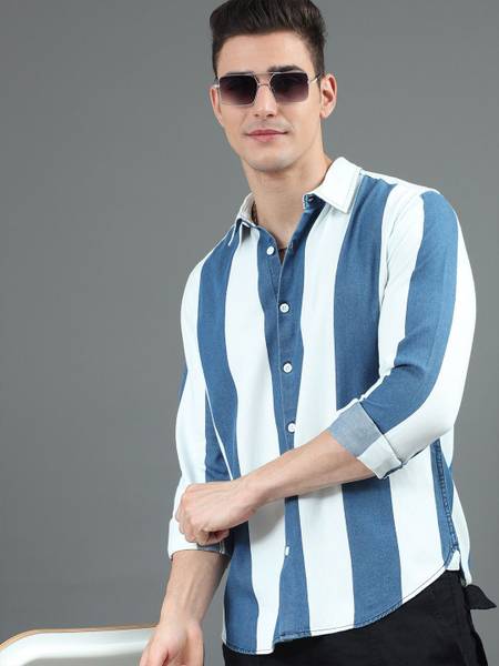 HERE&NOW Men Striped Casual Blue Shirt
