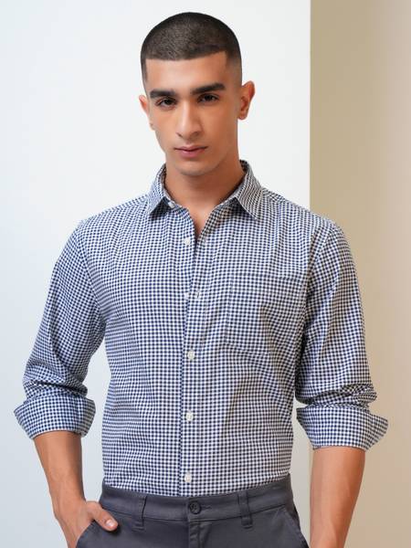 HIGHLANDER Men Checkered Formal Blue Shirt
