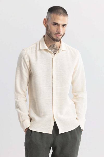 Snitch Men Self Design Casual Beige Shirt