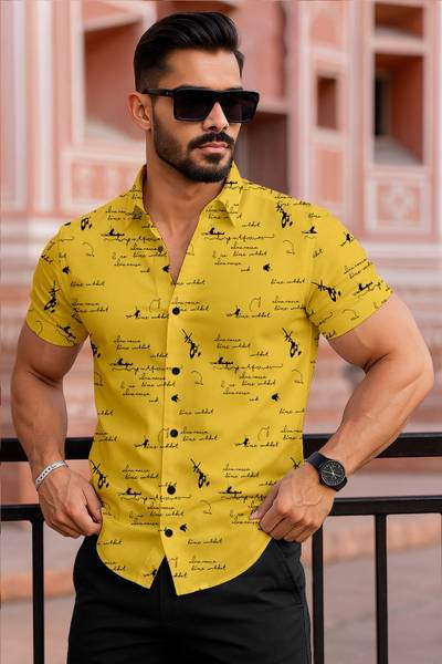 RIEVAA Men Printed Casual Yellow Shirt