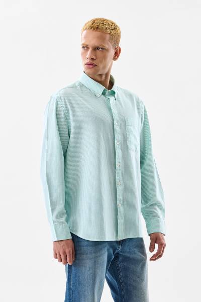 Snitch Men Striped Casual Light Green Shirt