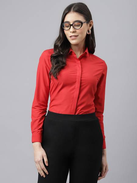 Hancock Women Self Design Formal Red Shirt