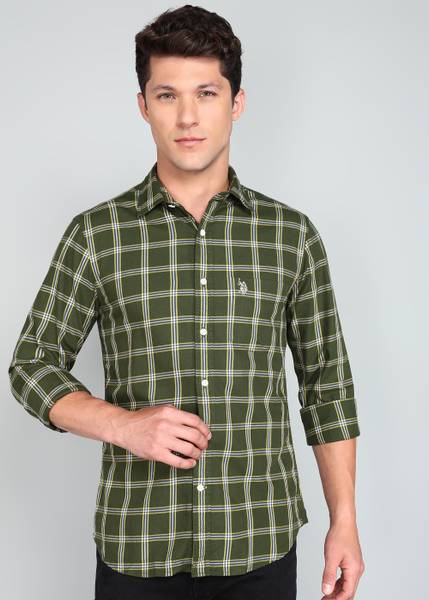 U.S. POLO ASSN. Men Checkered Casual Light Green Shirt
