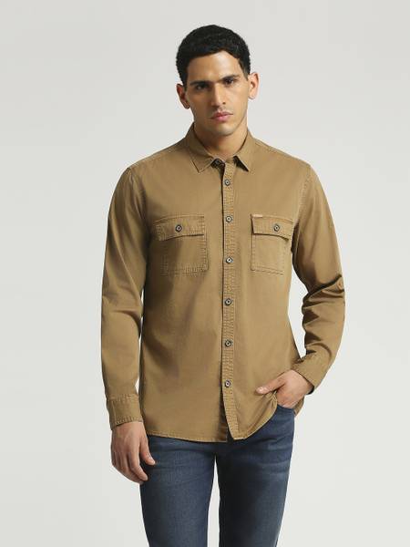Pepe Jeans Men Solid Casual Brown Shirt