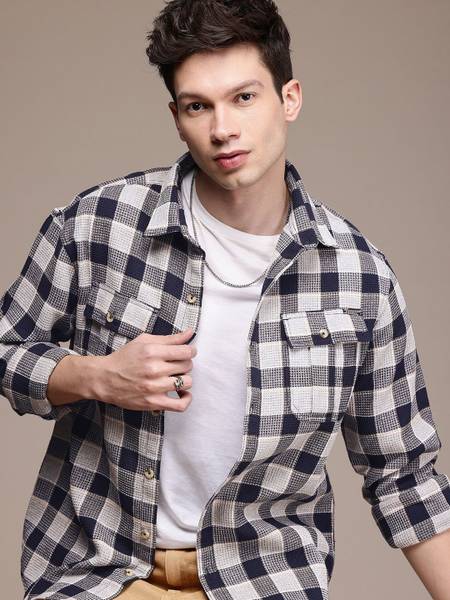 WROGN Men Checkered Casual Blue Shirt
